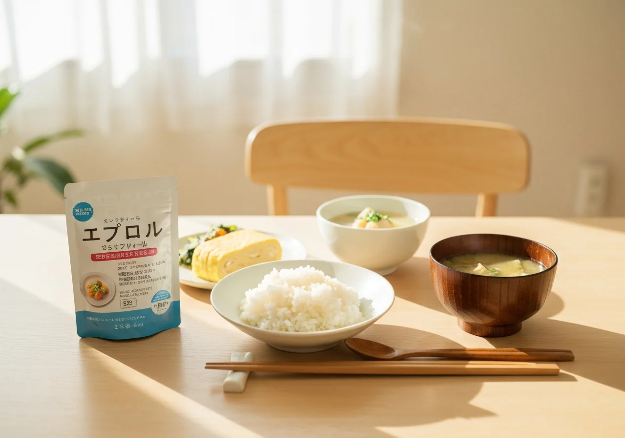 Single-serving setting with a steaming bowl of miso soup, a teaspoon, chopped green onions, and the product package on a wooden tray