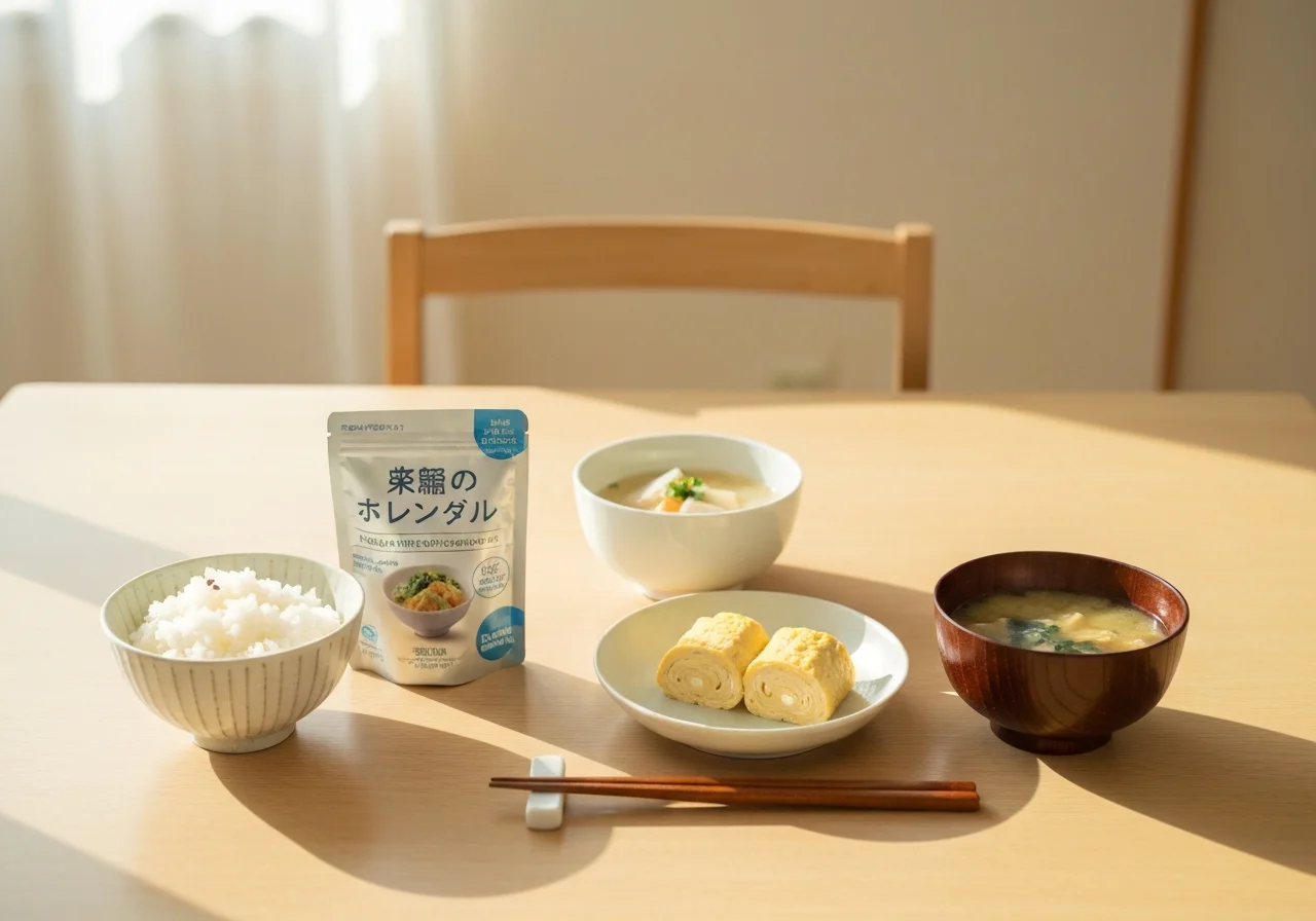 Kitchen in progress with sliced tamagoyaki on a cutting board, a small bowl, cooking chopsticks, and a white plate arranged together