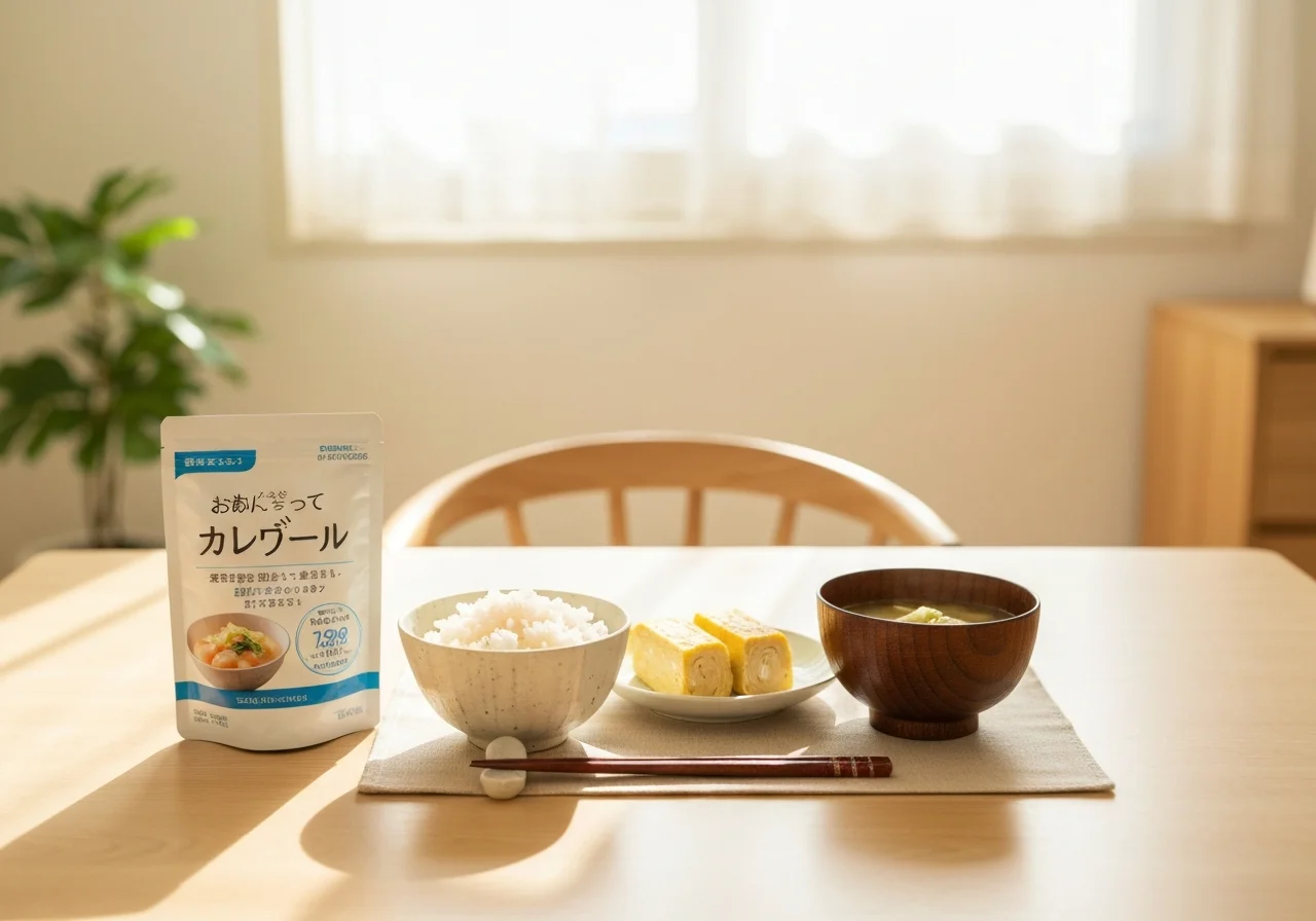 Still life on a white table with the product package placed beside ingredient and nutrition labels
